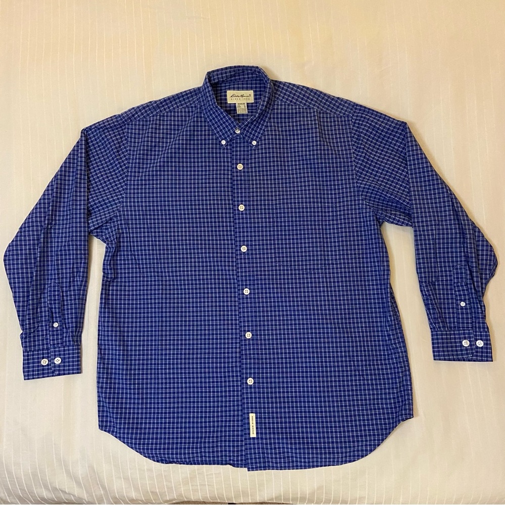 Eddie Bauer blue long sleeve checkered plaid collared dress shirt sz L